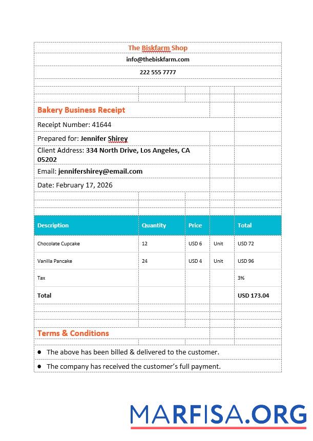 Printable Bakery Business Invoice Template